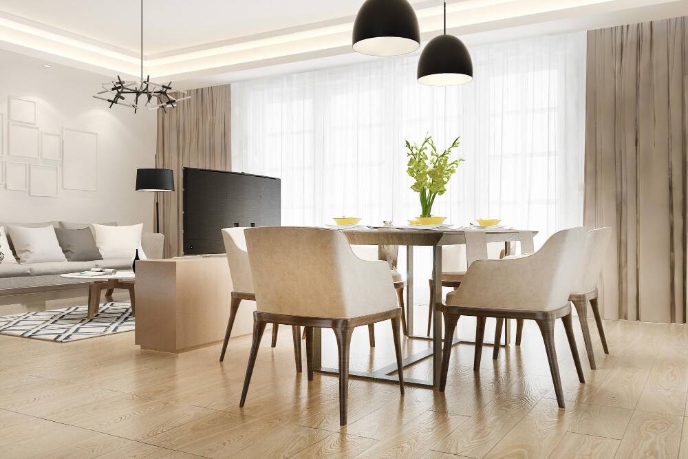 Modern dining and living room, neutral tones