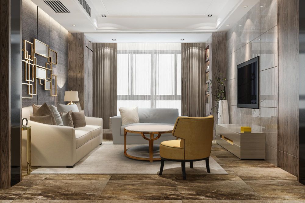 Elegant modern living room with neutral tones and stylish furniture.