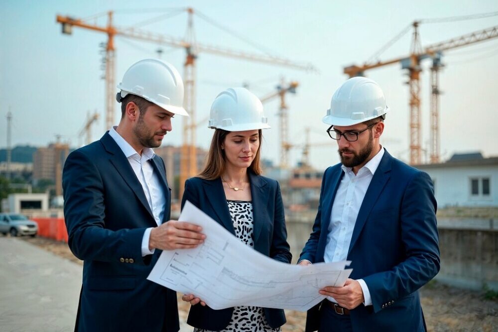 Engineers reviewing construction plans.