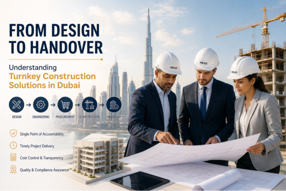 Construction team reviewing project plans in Dubai.