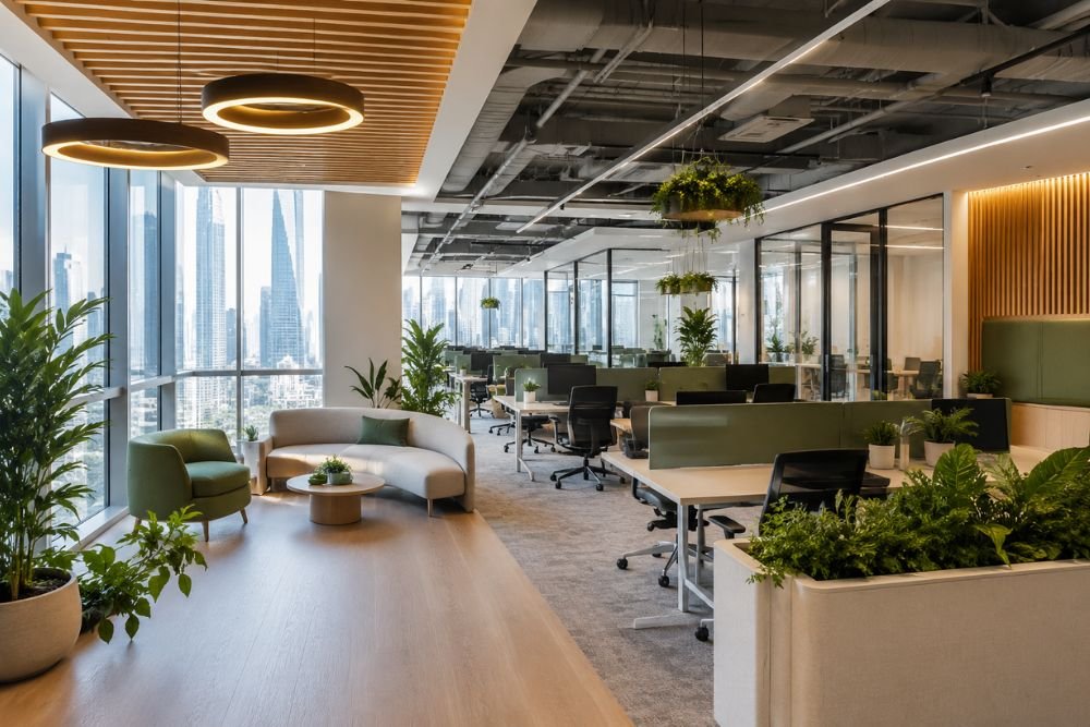 Modern Dubai office with ergonomic workstations and natural light.